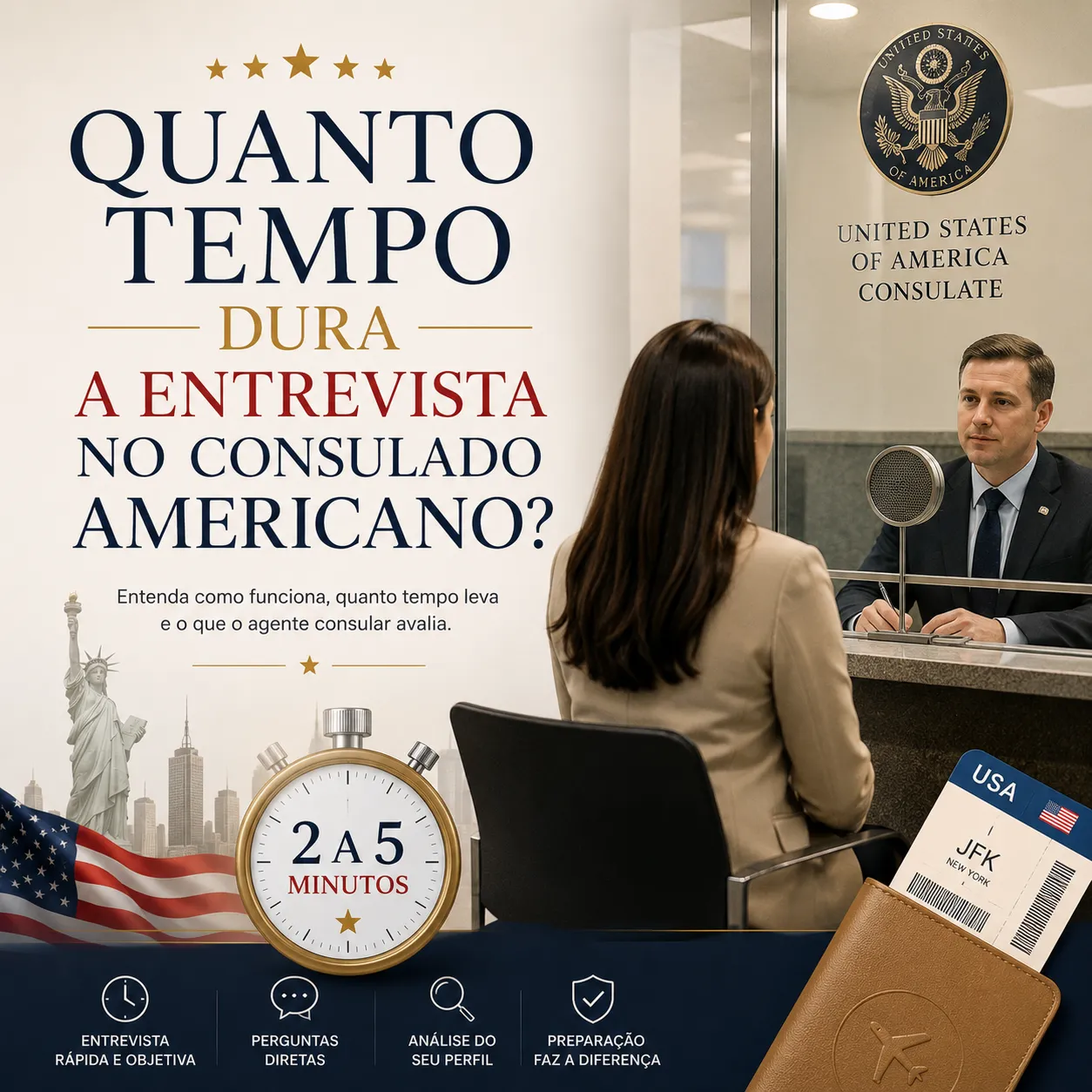Imagem ilustrativa para o artigo Quanto tempo dura a entrevista no consulado americano? da Now Vistos